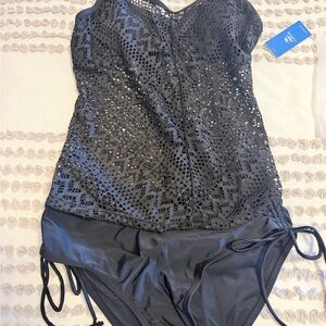 Cupshe Black Lace Bandeau Tankini with Side-Tie Bottoms